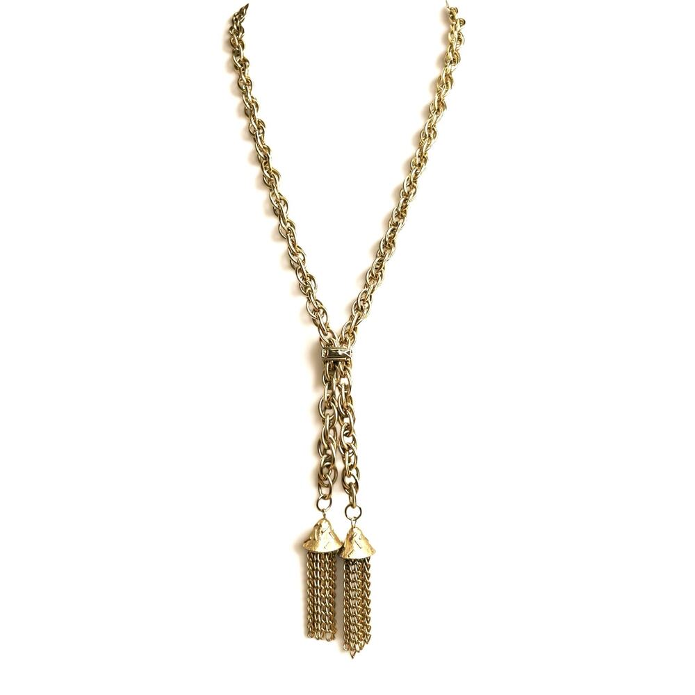 VTG Chunky Gold Tone Thick Double Chain Tassel Lariat Bolero Necklace 1970s